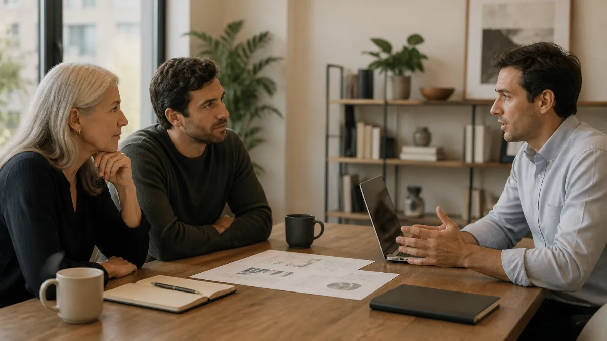 Two founders at a whiteboard comparing angel investor and venture capital funding options side by side