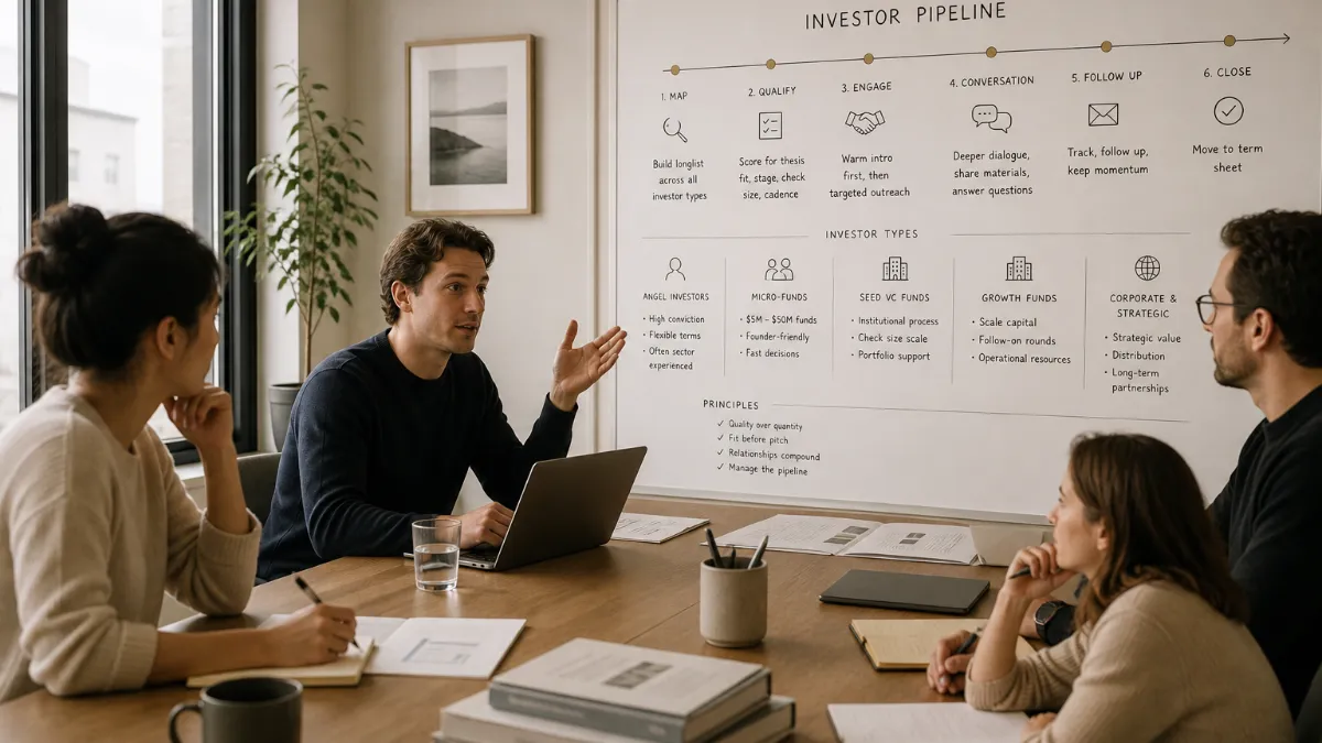 Founder reviewing a structured investor pipeline on a laptop at a clean desk, with handwritten notes on investor names and stages