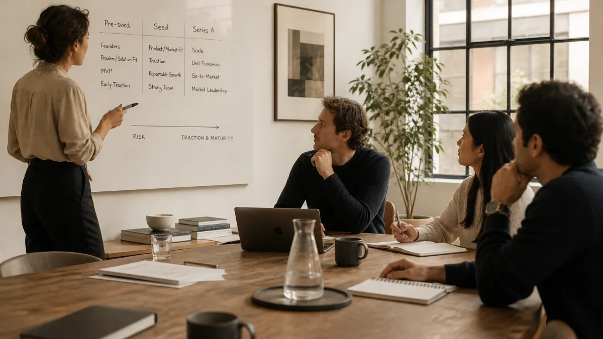 Founder at a whiteboard mapping out a tiered early-stage venture capital investor list with sticky notes showing fund sizes and stages