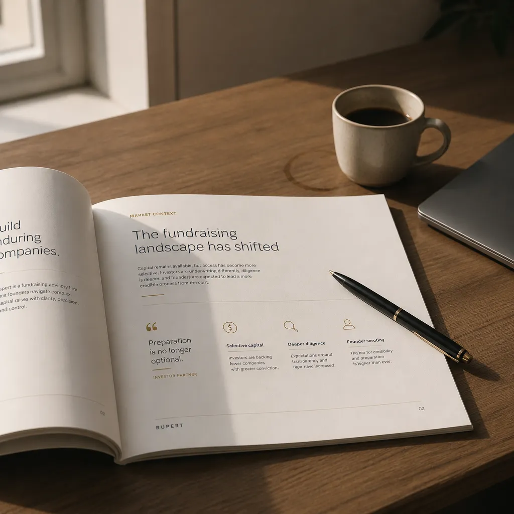 A printed pitch deck and pen on a wooden desk in late-afternoon light