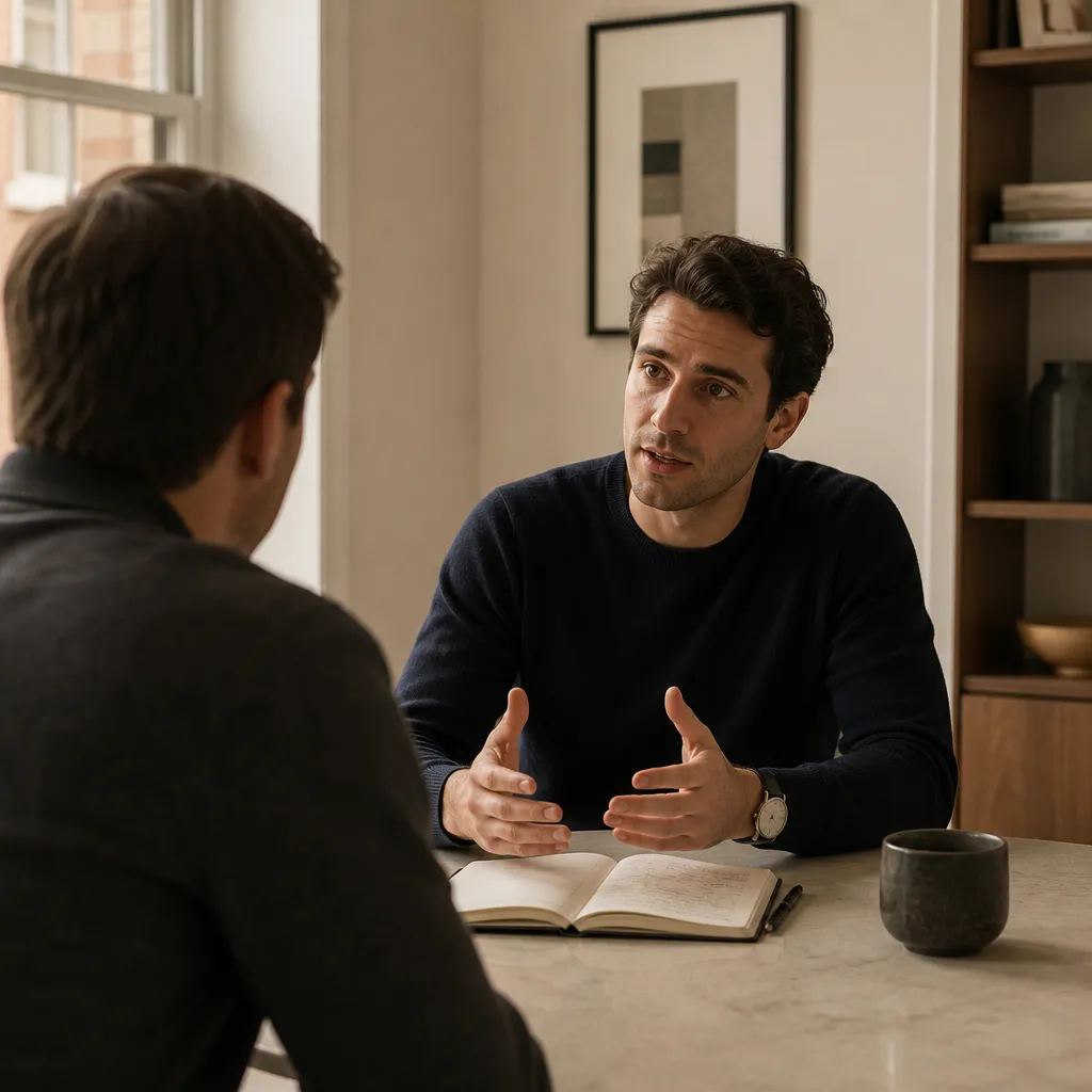 Two people in conversation across a table, a notebook open between them