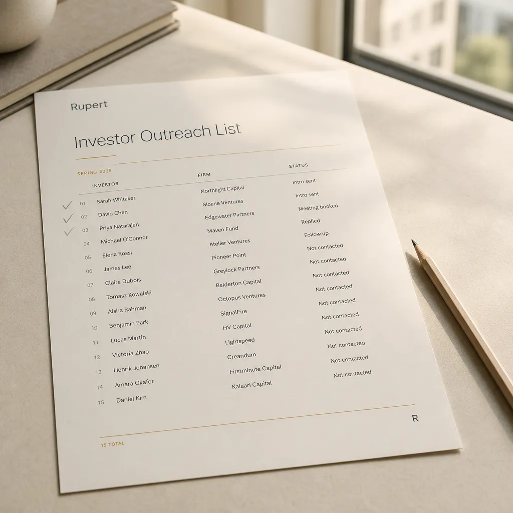 A printed investor outreach list on a desk, a few names already marked