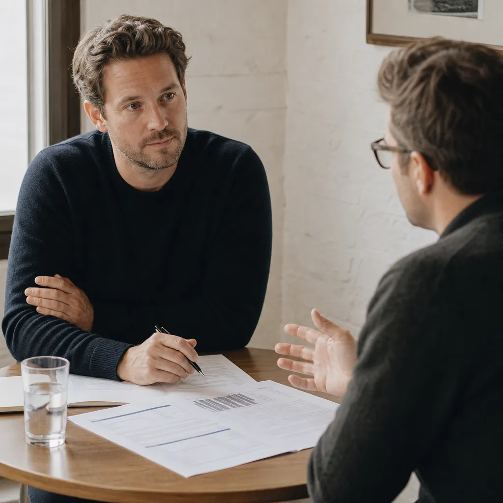 Two people at a small table with papers, in a working conversation