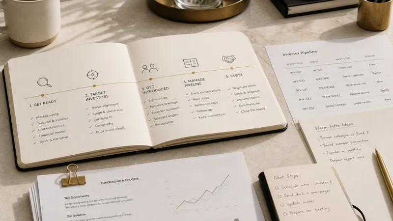 Founder reviewing a structured investor outreach pipeline on a laptop, with a tiered investor list and conversation tracker visible on screen