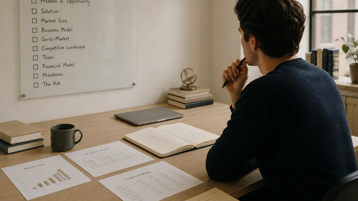 An early-stage founder sitting at a desk reviewing a pitch deck and investor checklist on a laptop, with notes and financial model printouts spread around them