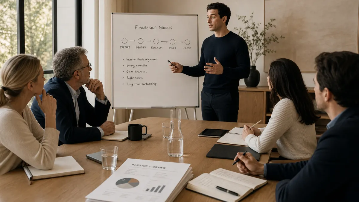 Founder sitting at a desk reviewing a structured investor target list with pipeline tracking notes and a laptop open to a spreadsheet