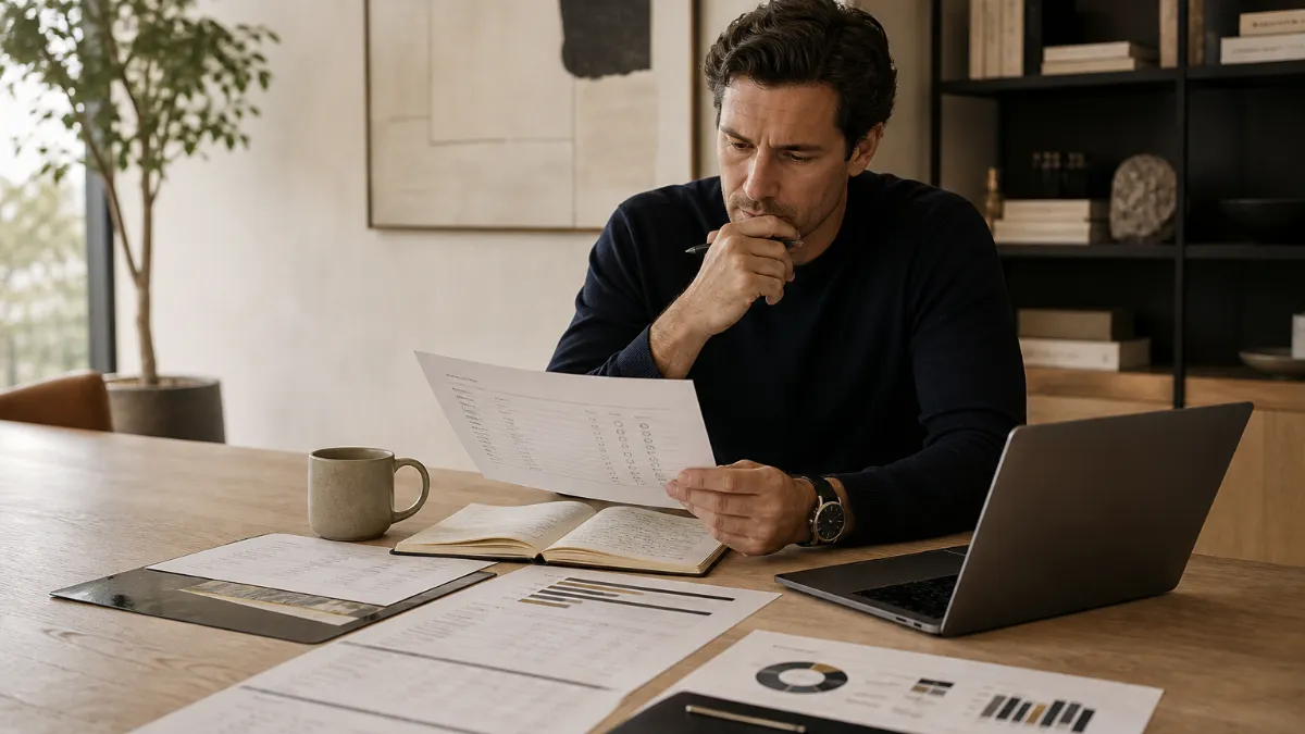 Founder reviewing a structured investor database on a laptop screen showing filtered investor profiles by stage, sector, and check size
