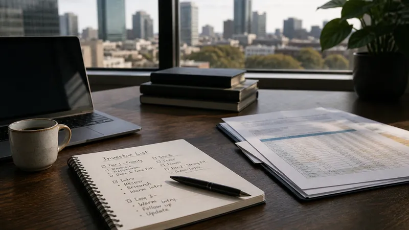 Founder reviewing a structured investor list spreadsheet on a laptop, with tiered columns and color-coded priority rows visible on screen