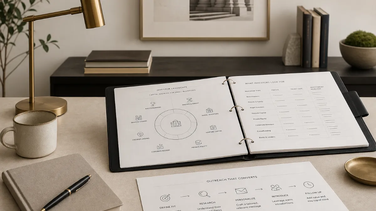 Founder reviewing a structured investor outreach pipeline on a laptop at a desk with printed investor profiles and notes
