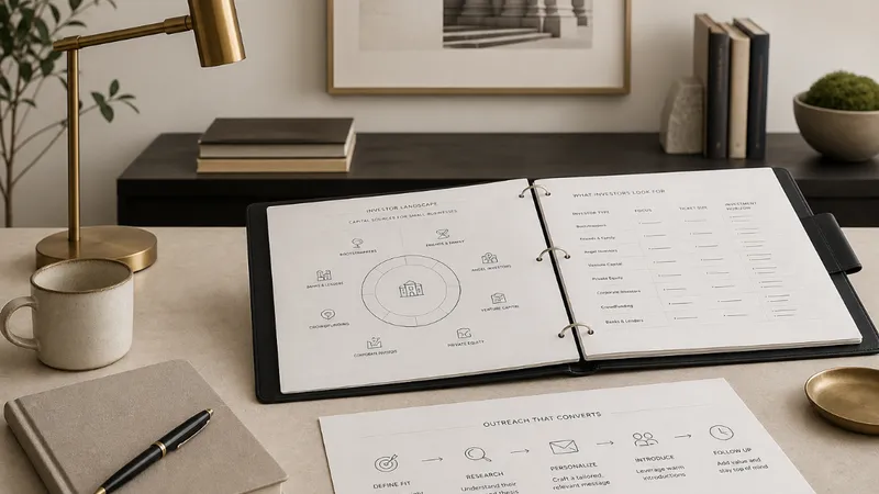 Founder reviewing a structured investor outreach pipeline on a laptop at a desk with printed investor profiles and notes
