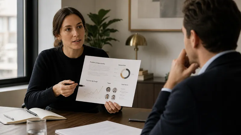 A founder presenting a pitch deck to a panel of investors in a modern meeting room, with charts and market data visible on the screen