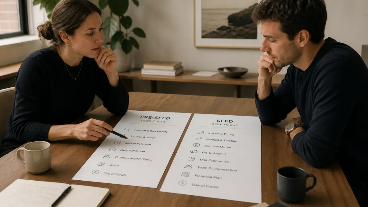 Side-by-side comparison of a pre-seed and seed pitch deck open on a desk, showing different slide structures and evidence levels