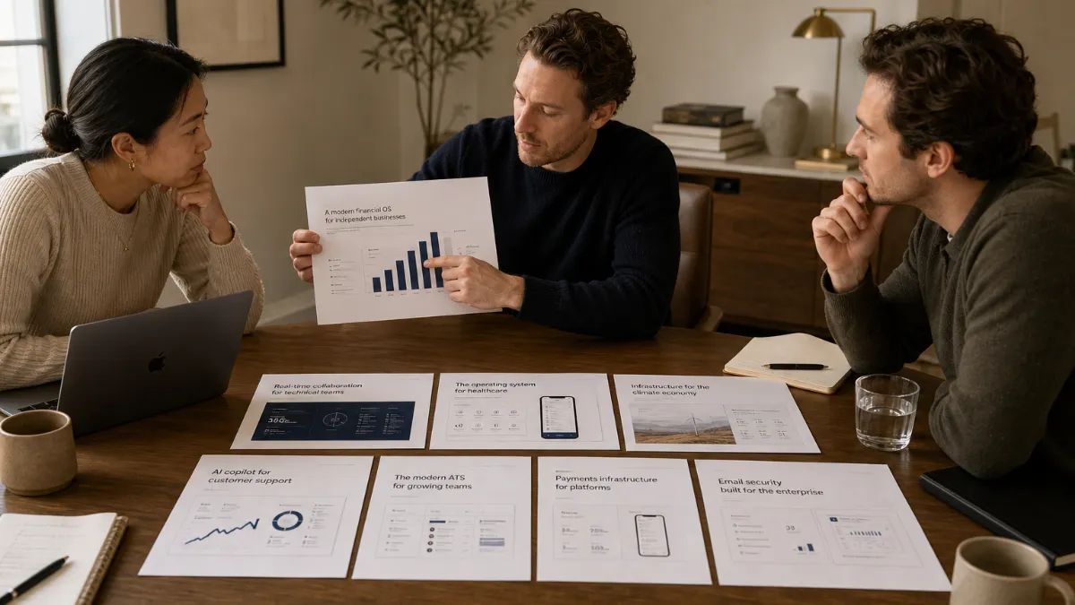 A founder reviewing multiple printed pitch deck slides spread across a desk, comparing structure and layout side by side