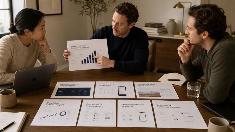 A founder reviewing multiple printed pitch deck slides spread across a desk, comparing structure and layout side by side