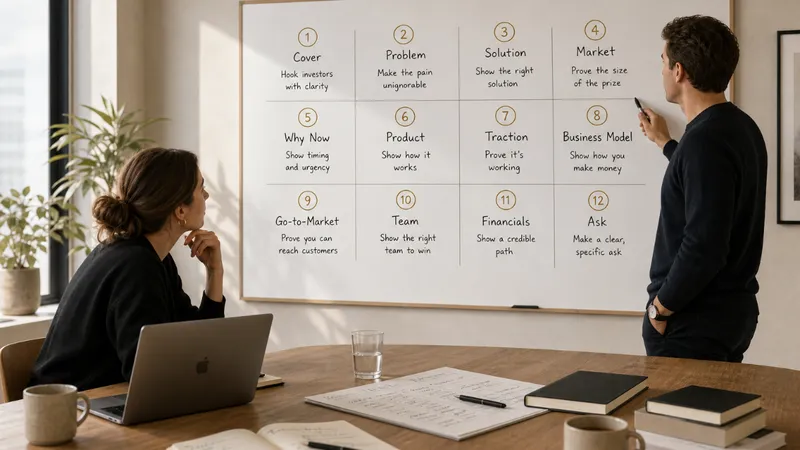 Twelve pitch deck slides laid out in sequence on a wooden desk, showing a structured seed round fundraising presentation