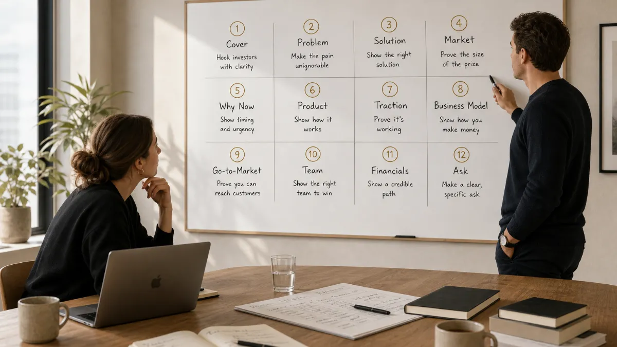 Twelve pitch deck slides laid out in sequence on a wooden desk, showing a structured seed round fundraising presentation