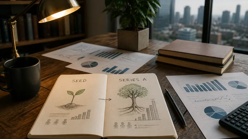 Split-screen diagram comparing a seed funding round and a Series A round, with key metrics like check size, valuation, and deal structure shown side by side