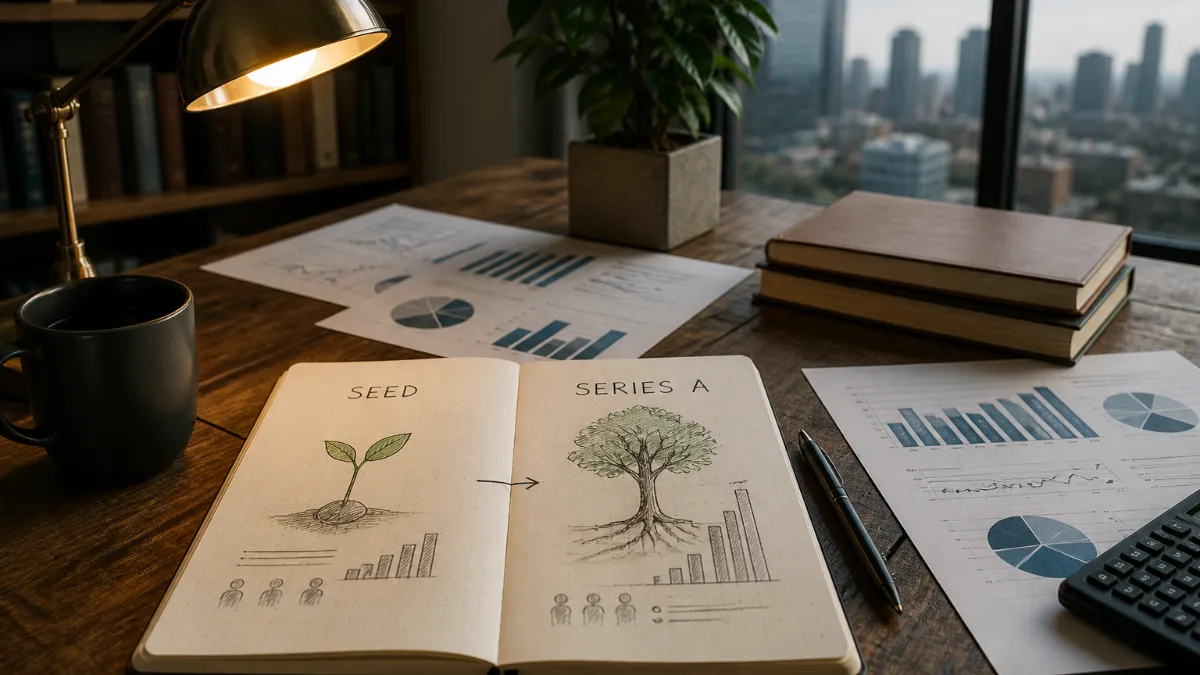 Split-screen diagram comparing a seed funding round and a Series A round, with key metrics like check size, valuation, and deal structure shown side by side