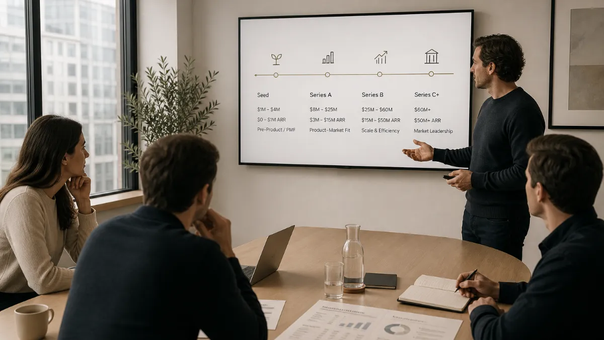 Founder reviewing Series A term sheet documents and a fundraising pipeline dashboard at a startup office desk