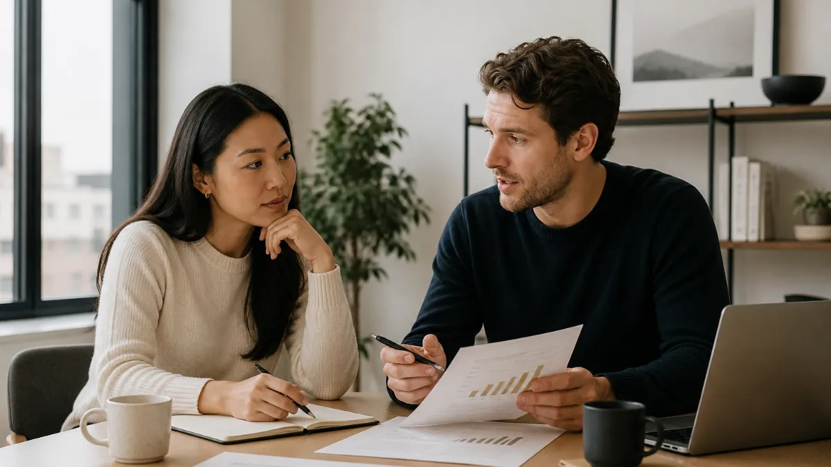 Founder sitting at a desk reviewing a fundraising roadmap with funding stage milestones and investor pipeline notes laid out across multiple screens