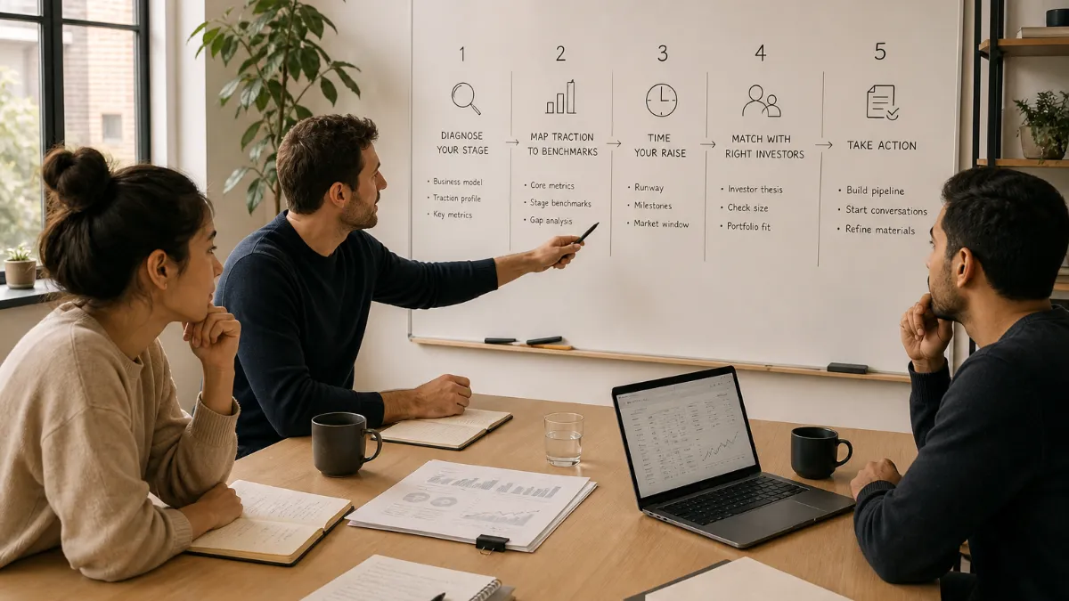 Founder reviewing a whiteboard mapping startup funding stages from pre-seed through Series A with traction benchmarks and investor types