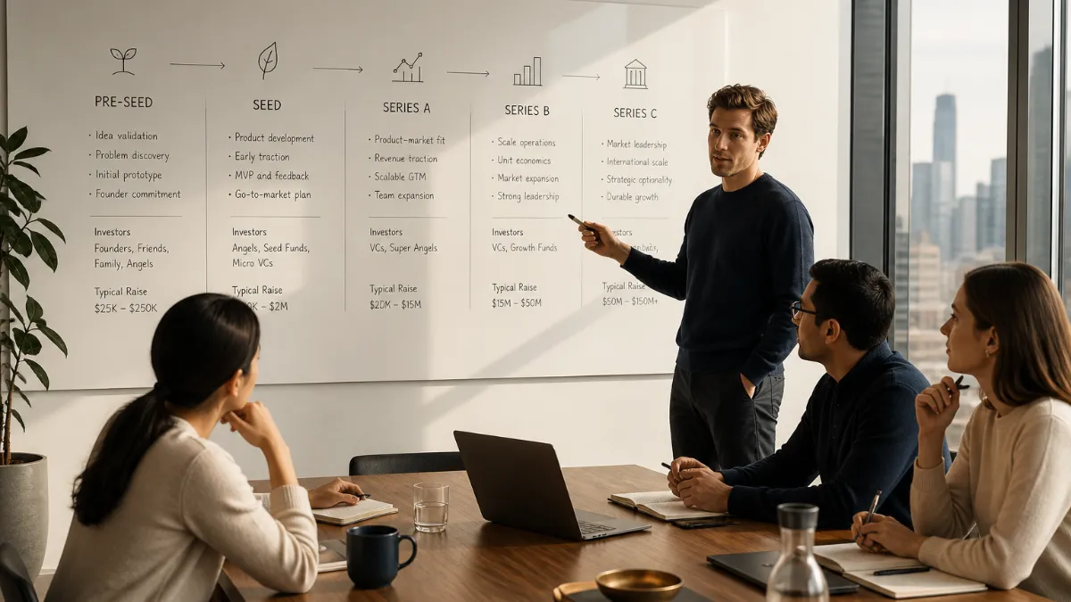 A founder standing at a whiteboard mapping out the progression from pre-seed through Series C funding rounds with investor icons and milestone markers