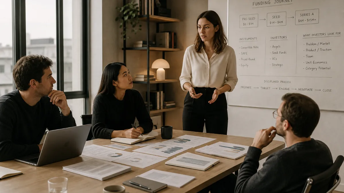 Founder reviewing a structured fundraising pipeline on a laptop, surrounded by investor notes and a cap table spreadsheet on a desk