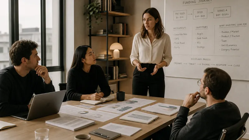 Founder reviewing a structured fundraising pipeline on a laptop, surrounded by investor notes and a cap table spreadsheet on a desk