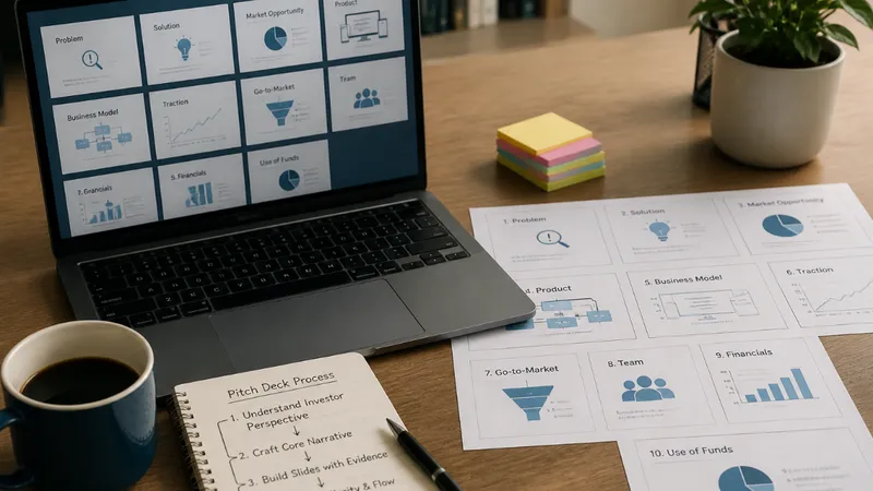 Founder reviewing a printed startup pitch deck template at a desk, annotating slides with a pen