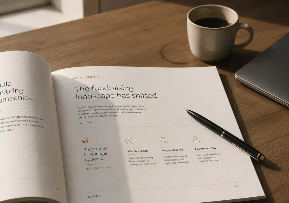 Founder reviewing a venture capital term sheet at a desk with charts and investor pitch materials spread across the table