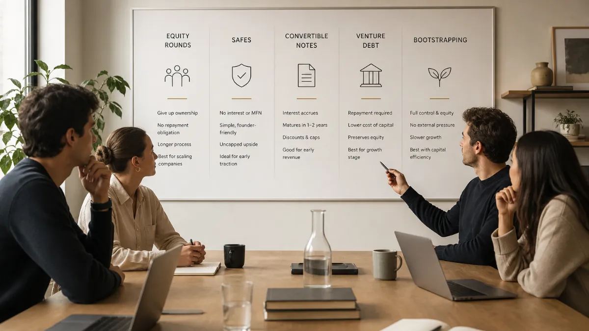 A founder studying a side-by-side comparison chart of startup funding instruments including equity, SAFEs, convertible notes, and venture debt on a whiteboard