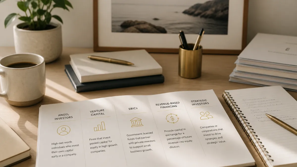 Founder sitting at a desk reviewing a diagram of different investor types including angels, VCs, and SBICs